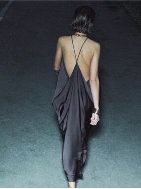 Zara Black Satin Halter Maxi Dress Open Back Draped Evening Dress NWT Size M